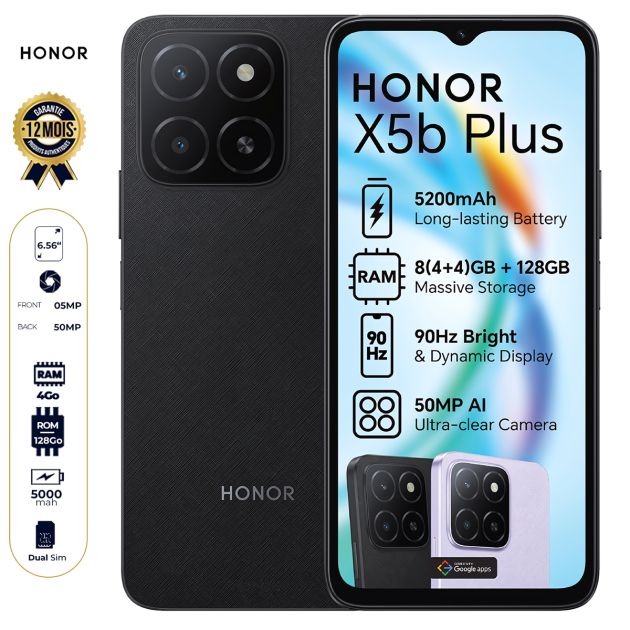 HONOR X5b Plus – 128 Go – 4 Go RAM – 6,56’’ – Double Nano SIM – 50 MP/5 MP – 5200 mAh – Garantie 12 mois