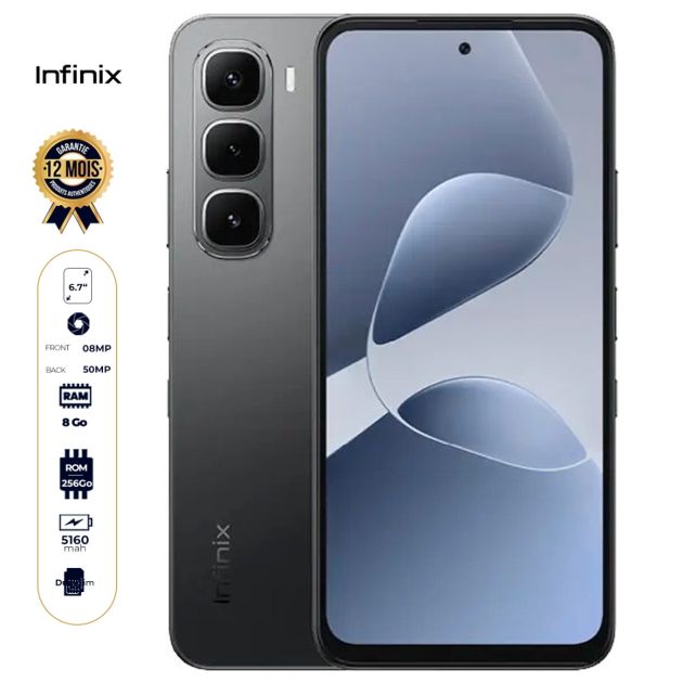 Infinix Hot 60i - 256 Go - 8Go RAM - 6,7" - 50 MP/ 8 MP - Dual Nano Sim - 5160mAh