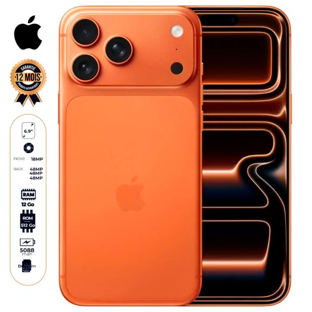 iPhone 17 Pro Max - 512 Go - 12Go RAM - 6,9" - Apple A19 Pro - 1 sim physique + eSIM - 48MP+48MP +48MP /18MP - 4832 mAh