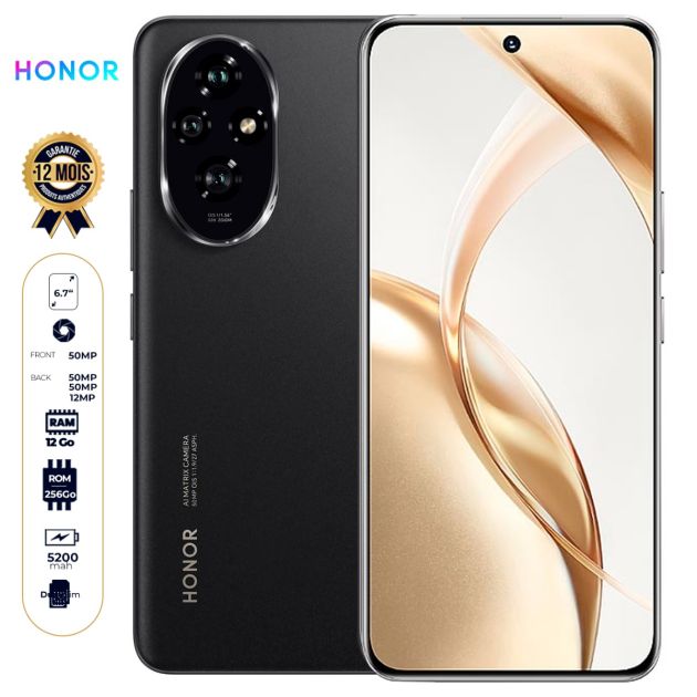 Honor 200 – 256 Go – 12 Go RAM – 6,7’’ – Double Nano SIM – 50MP + 50MP + 12MP / 50 MP – 5200 mAh