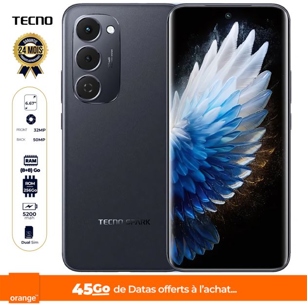 Tecno Spark 40 Pro+ - 256 Go - 8 Go + 8 Go RAM Extensible - 6,78" - 50MP+2MP/13MP - 2 Nano Sim - 5200 mAh