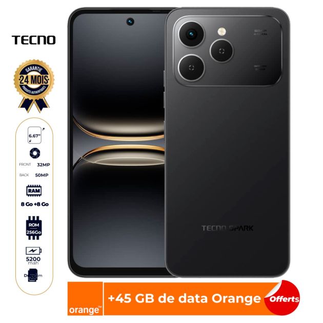 Tecno Spark 40 - 256 Go - 8 Go + 8 Go RAM Extensible - 6,67" - 50MP/8MP - Double Nano Sim - 5200 mAh